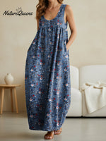 Women's Flower Art Print Casual Loose Denim Vest Dress