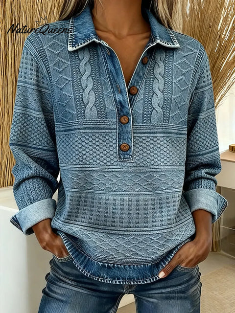 Women's Denim Print Shirt Collar Casual Loose Knit Top