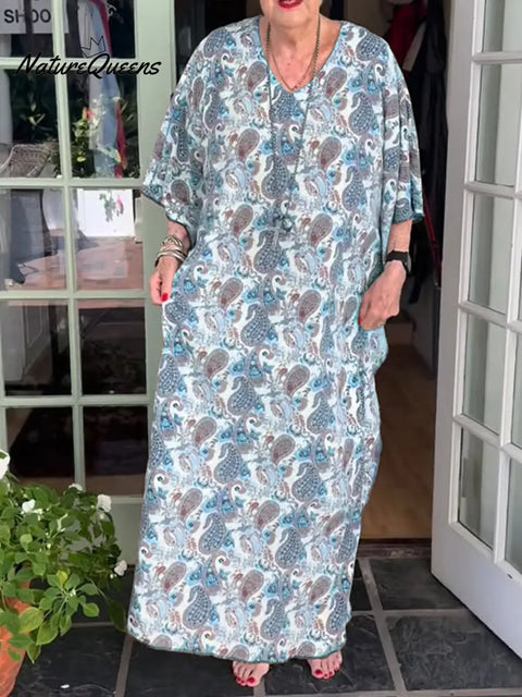 Women's Paisley Print V-Neck Three-Quarter Sleeve Casual Loose Cotton Dress
