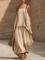 Artistic Black Cotton-linen Two-piece Set With Decorative Trim