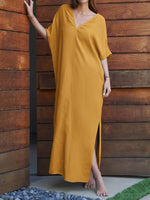 Women's Solid Color V-neck 3/4 Sleeve Casual Loose Cotton And Linen Dress