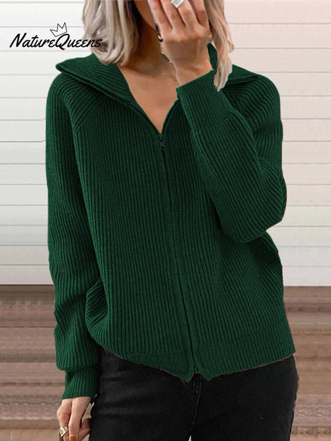 Women's Striped Casual Loose Knit Cardigan Zip Lapel Sweater