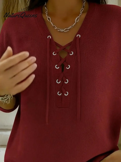 Casual V-neck Tie-front Pullover Sweater