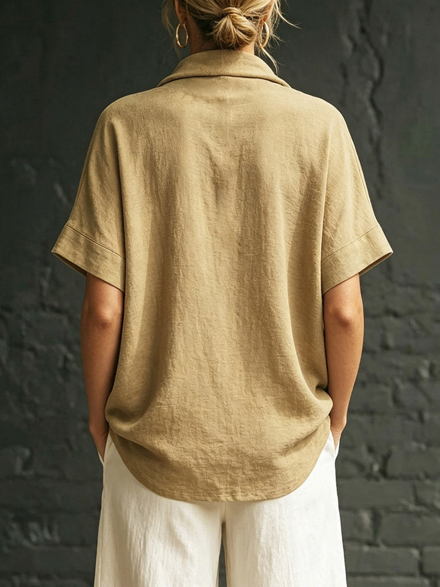 Women's Cowl Collar Art Casual Stylish Short Sleeve Cotton Linen Shirt