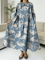 Women's Cute Little Seal Decorative Pattern Peter Pan Collar Long-sleeved Loose-fitting Casual Denim Dress