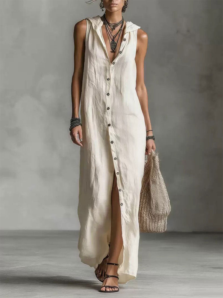 Women's Retro Hooded Solid Color Long-sleeved Cotton Linen Dress