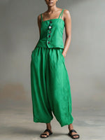 Women's Solid Color Sleeveless Casual Loose Camisole Top With Elastic Waist And Wide-leg Pants Cotton Set