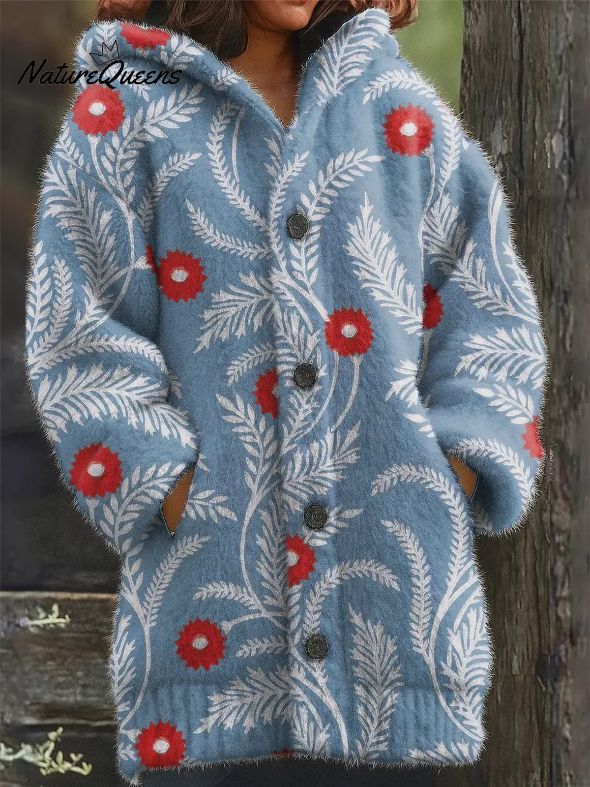 Women's Vintage Flower Pattern Art Print Casual Fleece Coat