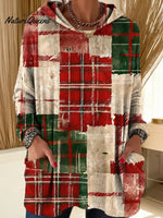 Women's Christmas Plaid Pattern Art Print Hooded Casual Knitted Sweater