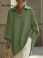 Women's Solid Color V-neck Long-sleeved Casual Loose-fitting Knitted Pullover Sweater