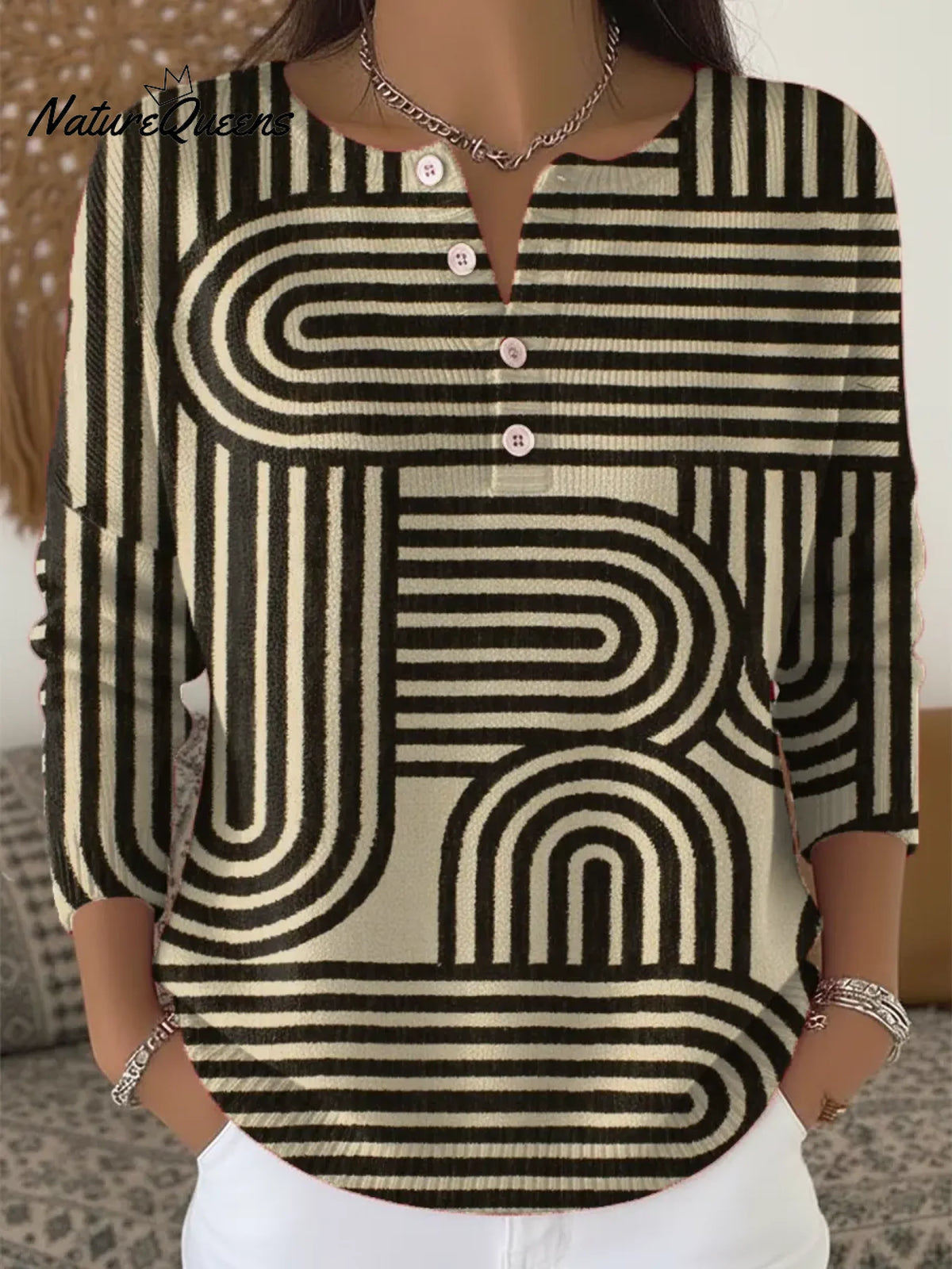 Women's Vintage Geometric Patterns Art Print Buttoned Cardigan Sweater