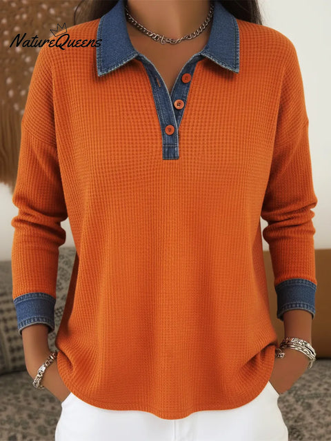 Casual Denim Paneled Polo Collar Button-down Waffle Top