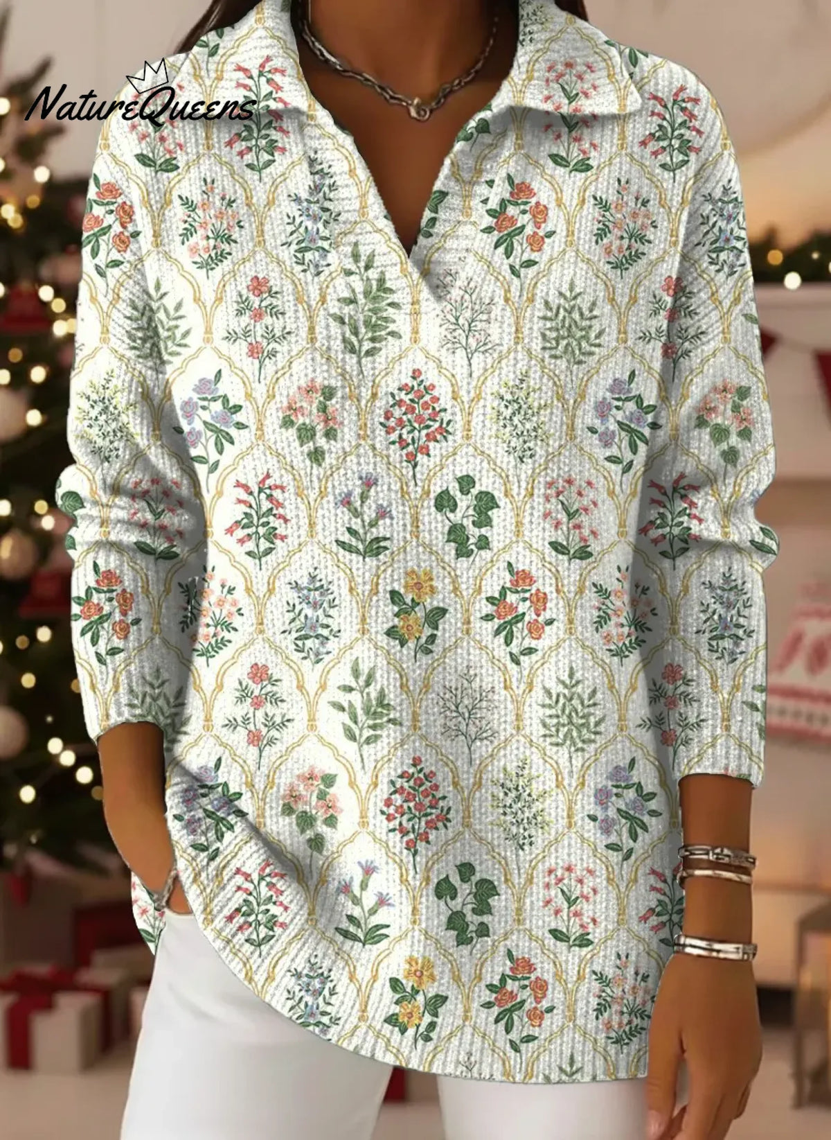 Women's VintageFlowerArt Print Casual Sweater