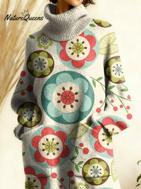 Women's Retro Floral Flowers High-neck Long-sleeve Casual Loose Knit Dress