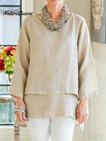 Women's Solid Color Round Neck Long-sleeved Casual Loose Cotton And Linen Patchwork Top