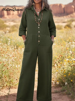 Women's Cozy Loose Collar Button-up Denim Jumpsuit