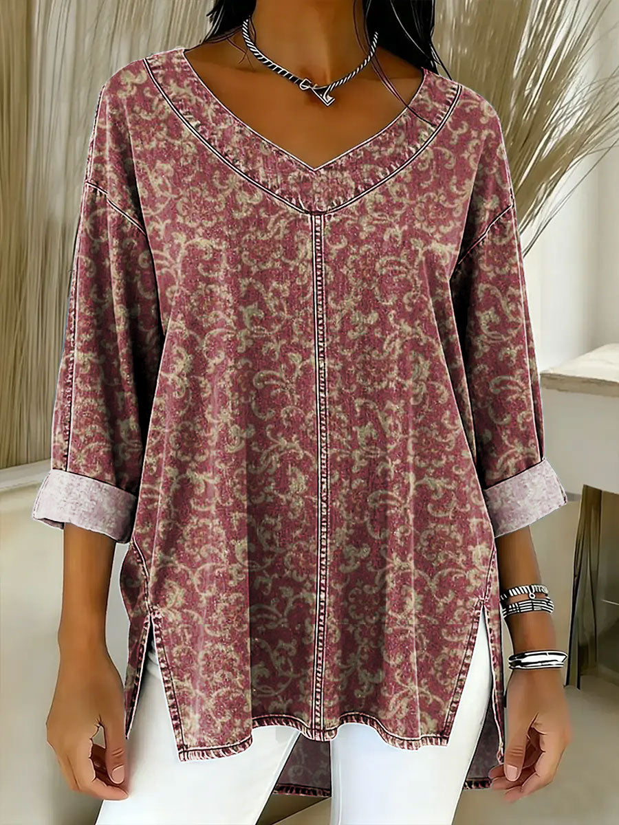 Women's Retro Gradient Flowers Floral Art Patterns Casual Washed Denim Cotton Top