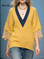 Women's Color-block V-neck Three-quarter Sleeve Loose-fitting Casual Knitted Sweater