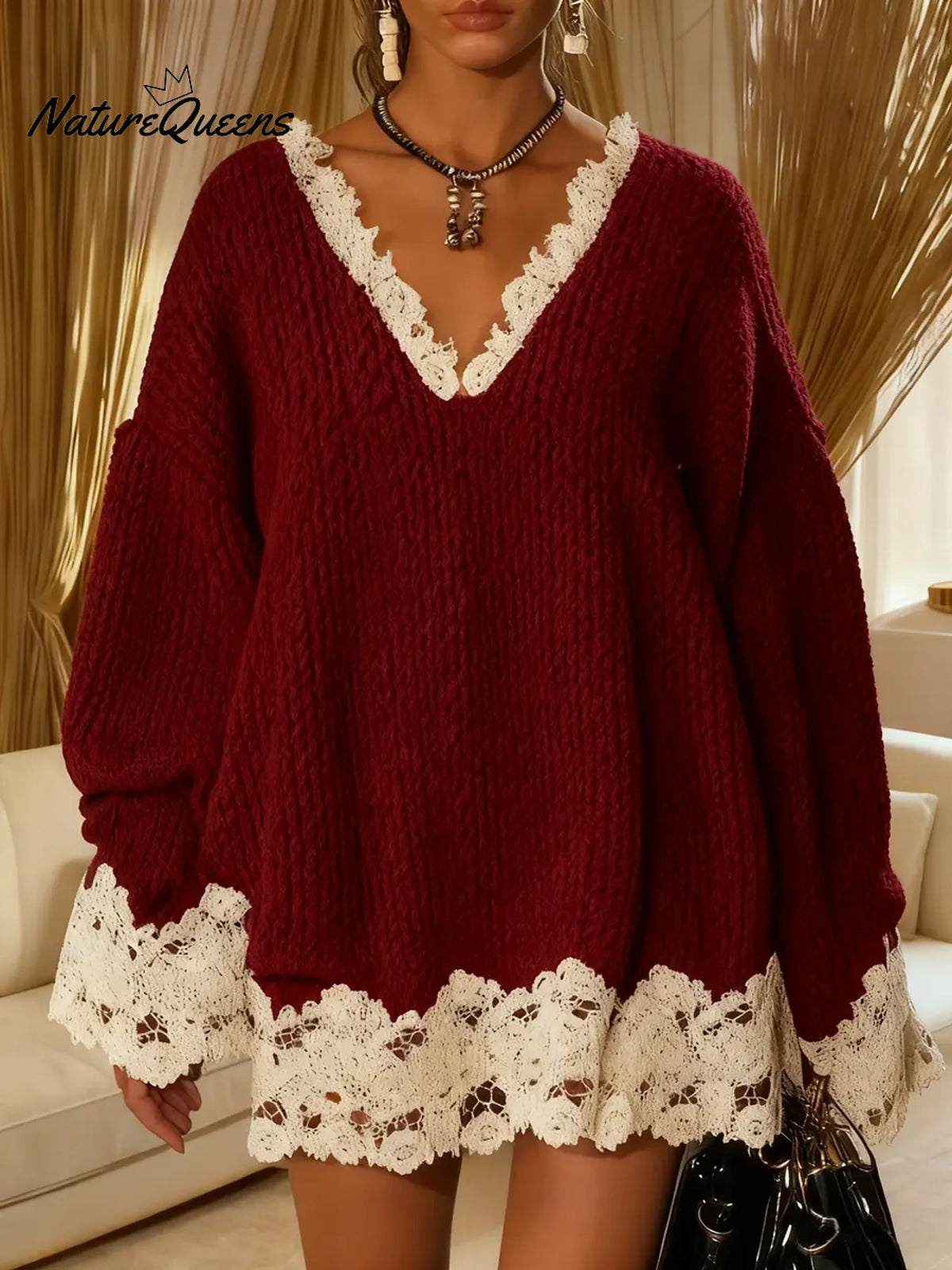 Women's V-neck Long-sleeved Casual Loose Knit Top With Color-blocked Lace Trim