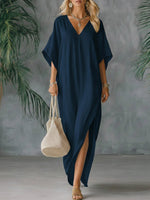 Women's Solid Color V-neck 3/4 Sleeve Casual Loose Cotton And Linen Dress