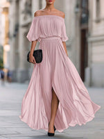 Women's Solid-color Off-the-shoulder 3/4-sleeve Casual Loose Chiffon Dress