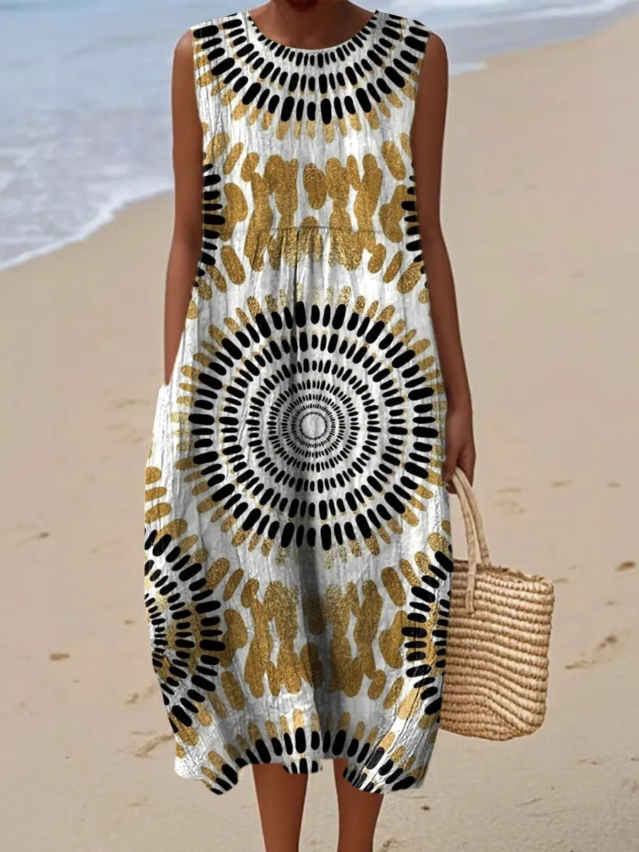 Women's Vintage Geometry Flower Pattern Art Print Casual Cotton Denim Dress