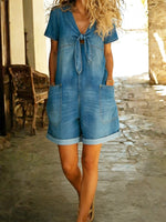 Casual Denim Romper With Front Tie Detail