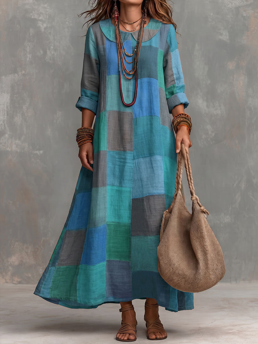 Women's Plaid Print Long-sleeve Casual Loose Dress With Peter Pan Collar
