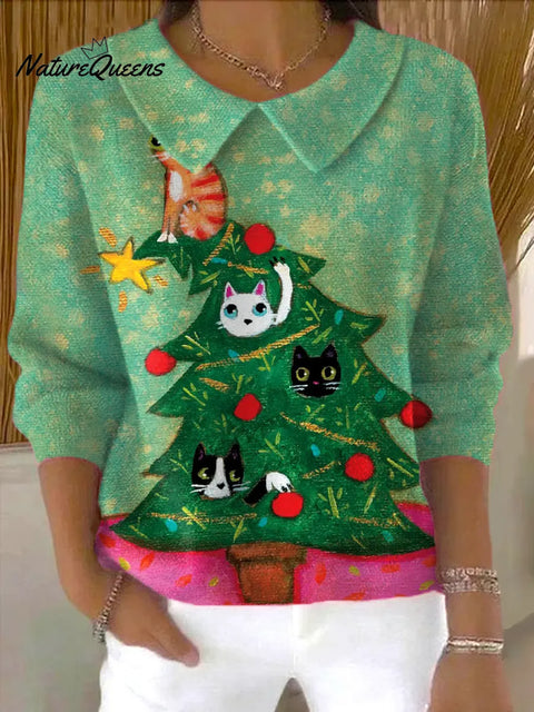 Women's Christmas Tree Cat Print Casual Peter Pan Collar 3/4 Sleeve Sweater