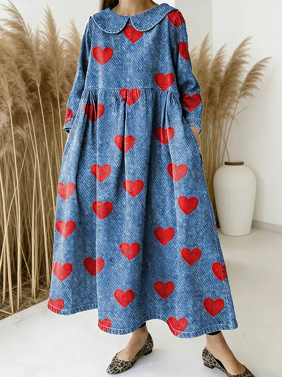 Women Love Pattern Art Print Casual Denim Dress