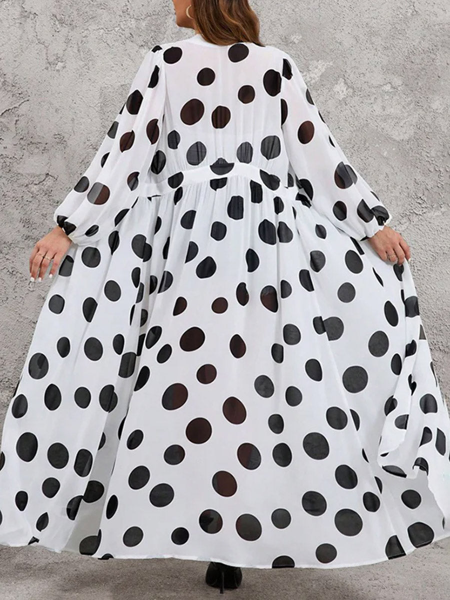 Women's Retro Polka Dot Art Print Casual Sheer Stylish Comfortable Long Shirt Dress