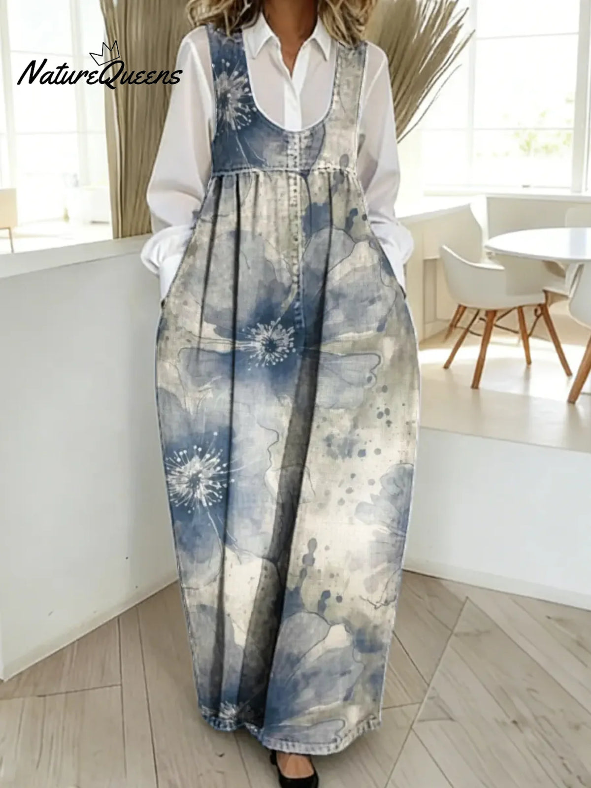 Women's Floral Pattern Art Print Casual Cotton Denim Dress