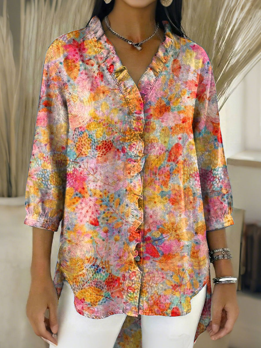 Women's Retro Gradient Flowers Floral Art Casual Denim V-neck Ruffled Shirt