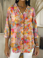 Women's Retro Gradient Flowers Floral Art Casual Denim V-neck Ruffled Shirt