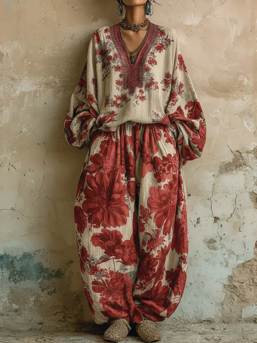Women's Casual Floral Print Linen And Cotton Top And Pants Two-piece Set