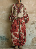 Women's Casual Floral Print Linen And Cotton Top And Pants Two-piece Set