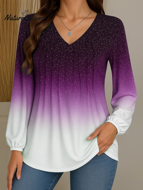 Women's Gradient Sequin V-Neck Long-Sleeve Casual Loose Knit Top