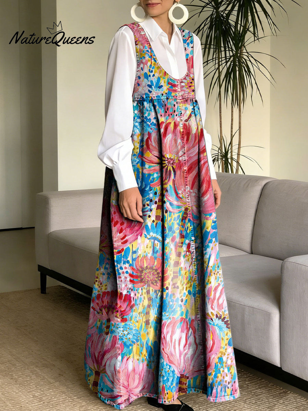 Women's Retro Splicing Colorful Flowers Floral Pattern Art Print Casual Cotton Denim Dress