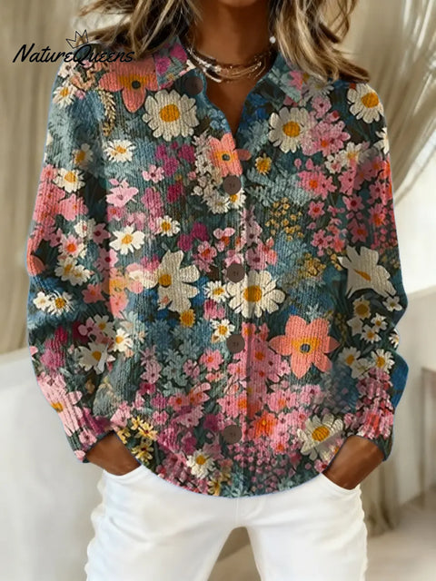 Women's Floral Pattern Art Print Casual Cotton Knitted Sweater