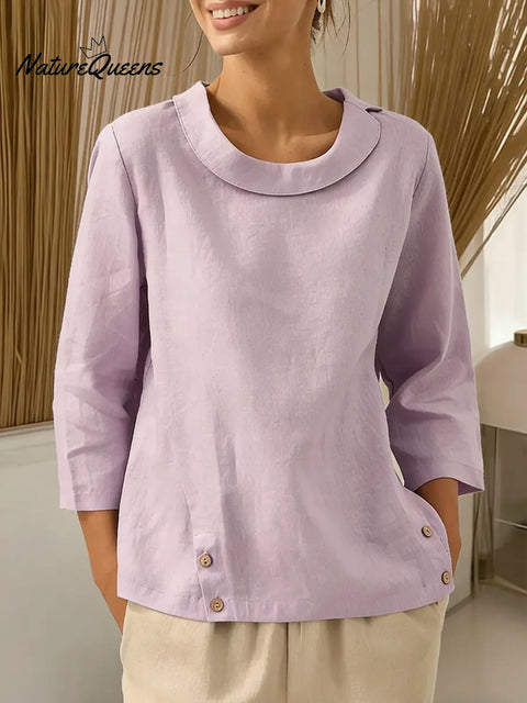 Women's Solid Color Round Neck Three-quarter Sleeve Casual Loose Cotton And Linen Top