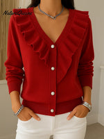 Women's Solid Color V-neck Long Sleeve Casual Loose Ruffled Knit Cardigan