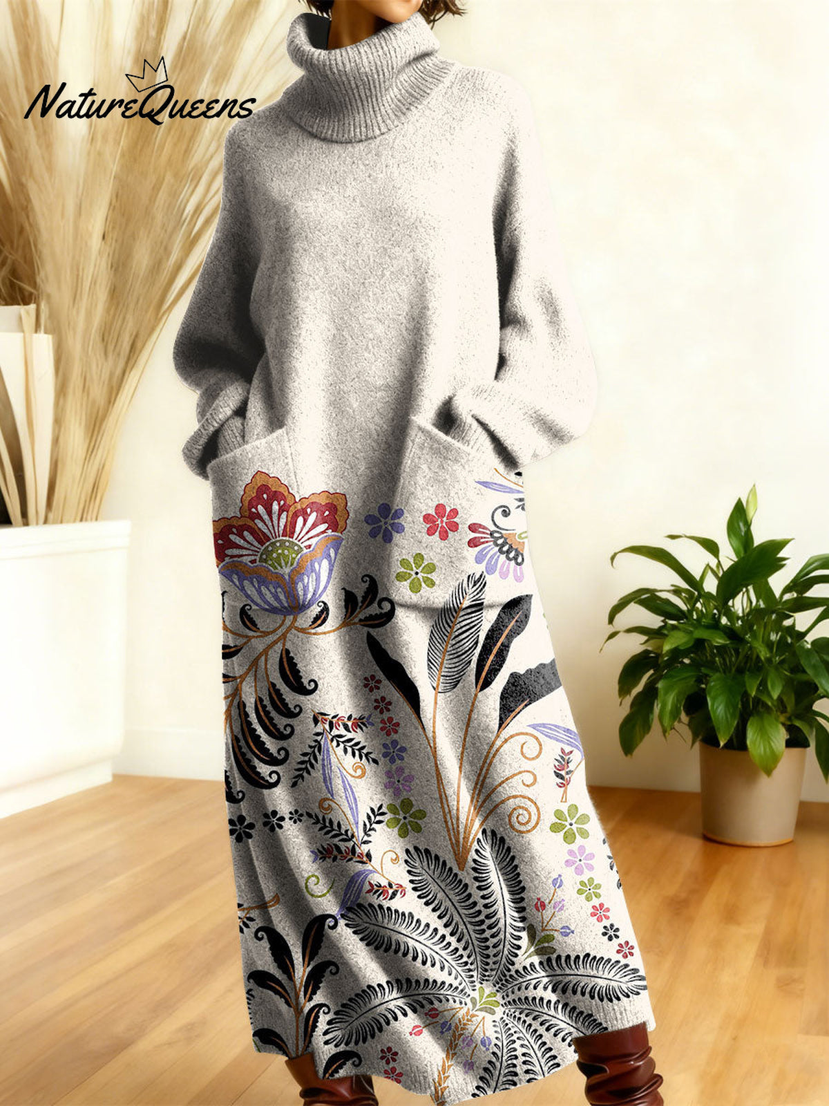 Women's Retro Flowers Geometric Patchwork High-neck Long-sleeve Casual Loose Knit Dress