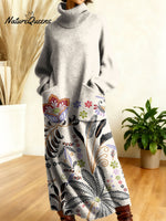 Women's Retro Flowers Geometric Patchwork High-neck Long-sleeve Casual Loose Knit Dress