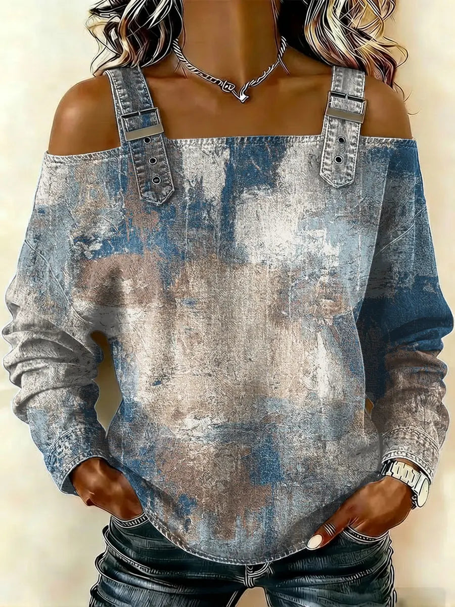 Women‘s Vintage Pattern Art Print Casual Cotton Denim Shirt