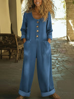 Casual V-neck Button-up Denim Jumpsuit Overalls