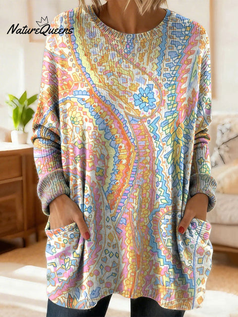 Women's Retro Floral Flower Ethnic Art Print Casual Cotton Knitted Sweater