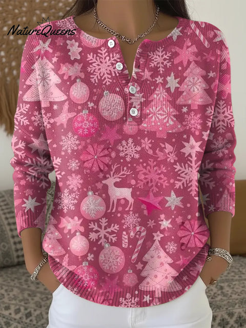 Pink Christmas Print Buttoned Cardigan Sweater