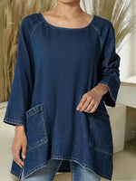 Women's Round Neck Long-sleeved Loose-fitting Casual Denim Top.