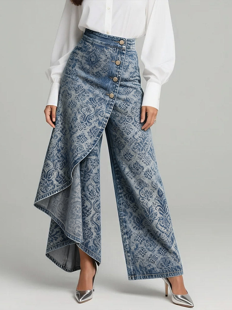 Women's Vintage Pattern Print High-waisted Relaxed Fit Wide-leg Jeans With A Stylish Design.