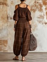 Casual Off-shoulder Linen-blend Top & Plaid Pants Two-piece Set